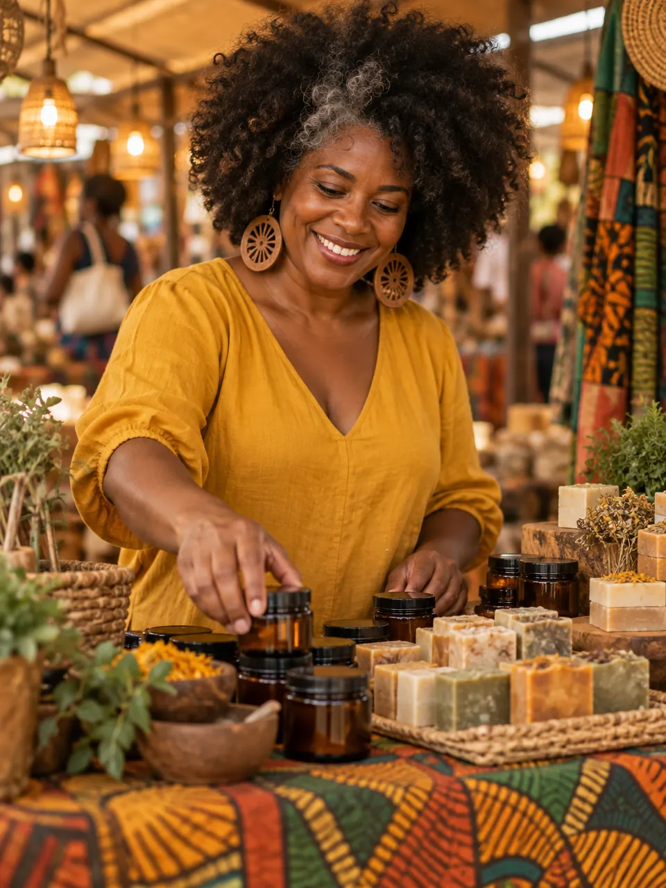Empreendedora negra sorridente, de cabelo black power, organizando potes de cosméticos naturais na sua banca.